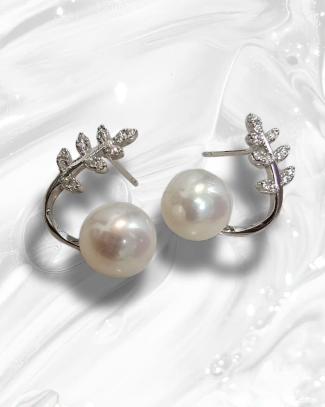 Fresh water pearl Pearl Leaf Earring - Silver
