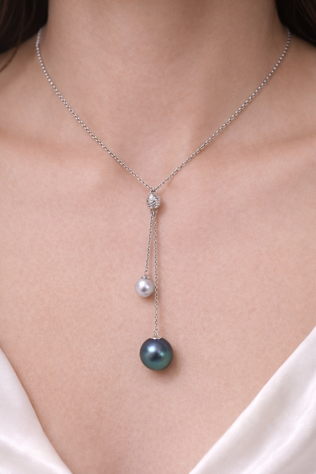 Tahitian &amp; Silver Duo Drop Pearl Pendant